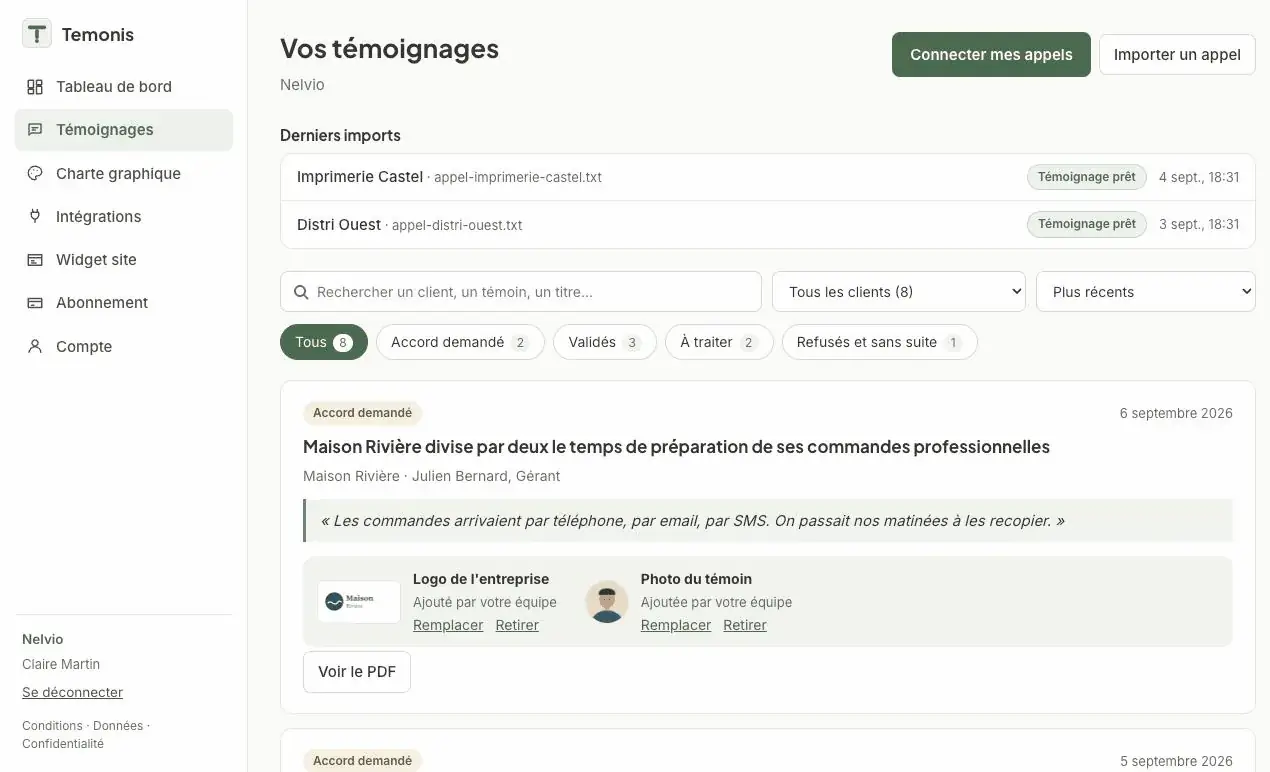 Espace Temonis : les témoignages produits et l'accord demandé au client