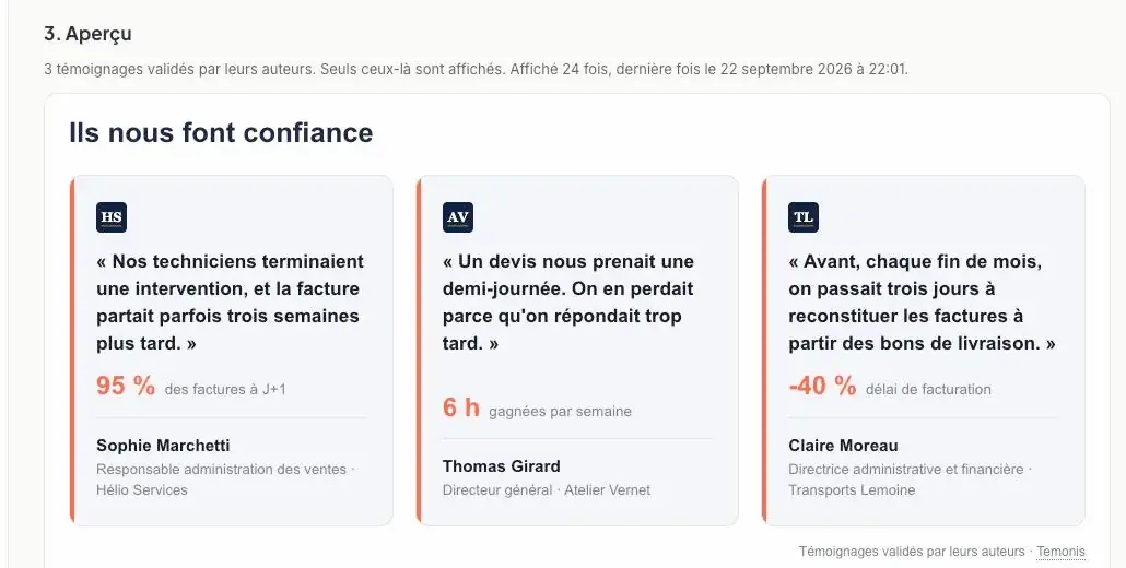 Aperçu du widget de témoignages à intégrer sur un site