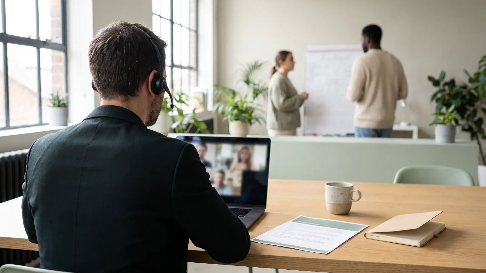 Illustration : un commercial, vu de dos avec un casque, en appel vidéo avec un client, un témoignage imprimé posé sur le bureau