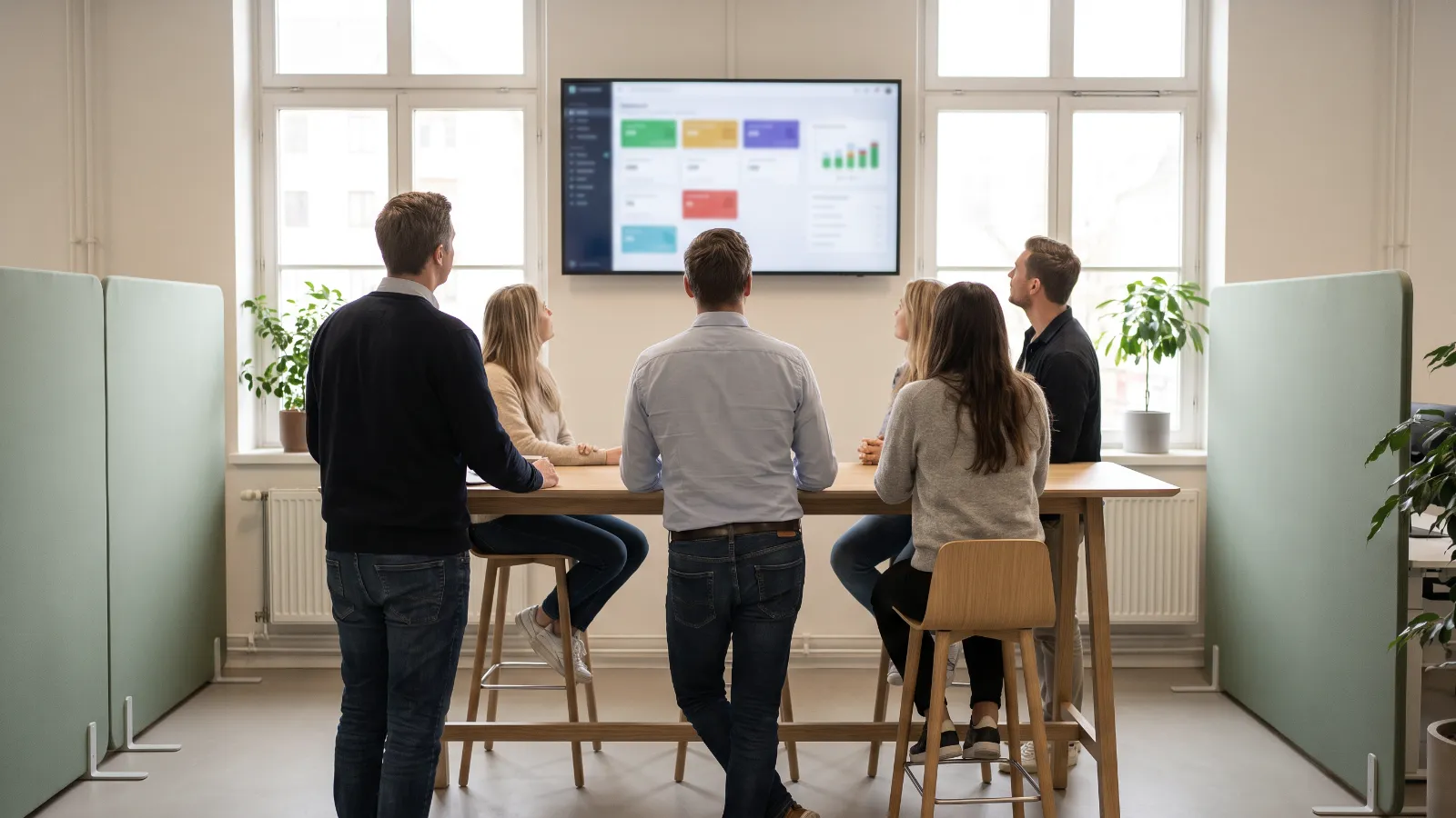 Illustration : une équipe marketing et commerciale, vue de dos, regarde un tableau de bord sur un écran mural